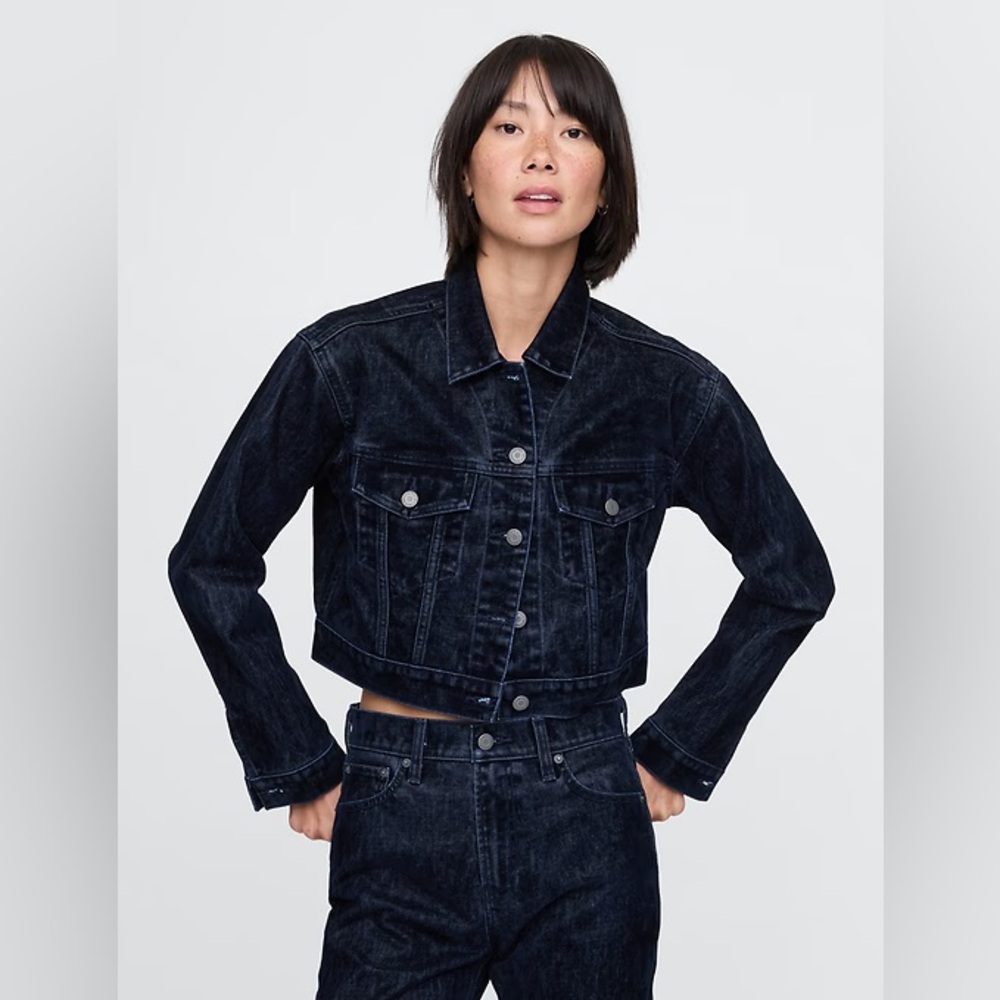 NWT Gap Flocked Cropped Icon Denim Jacket Blue Women’s XS